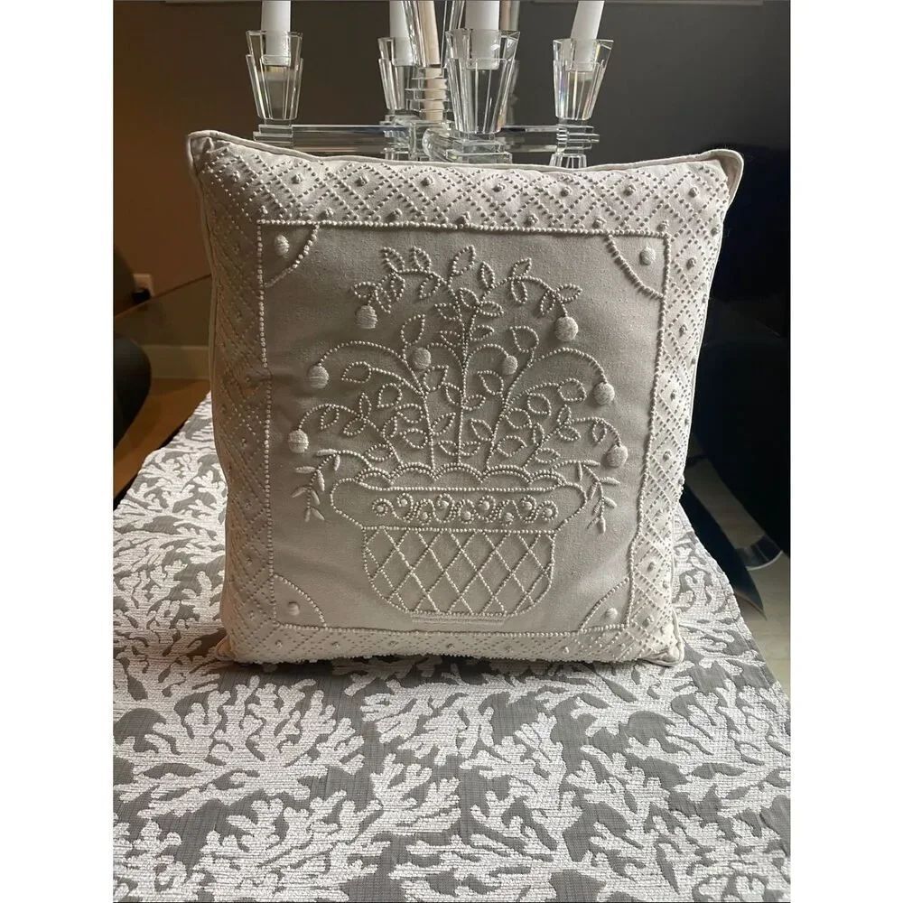 Embroidered Botanical Throw Pillow - Cream